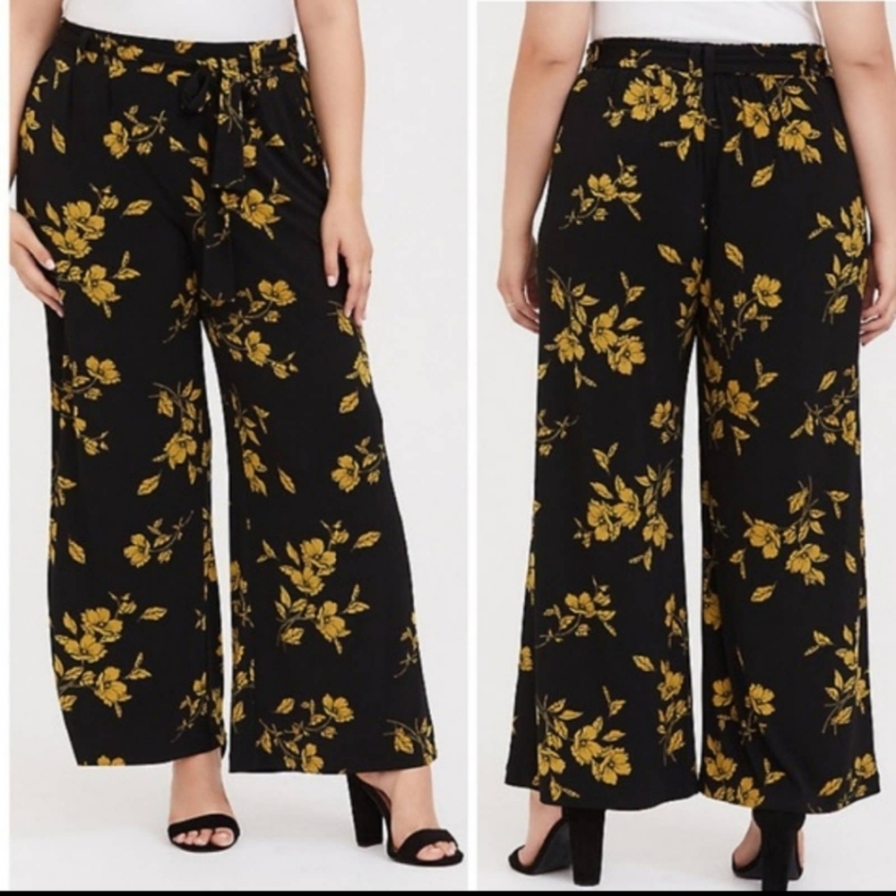 Torrid Black & Golden Yellow Floral Wide Leg Studio Knit Pants